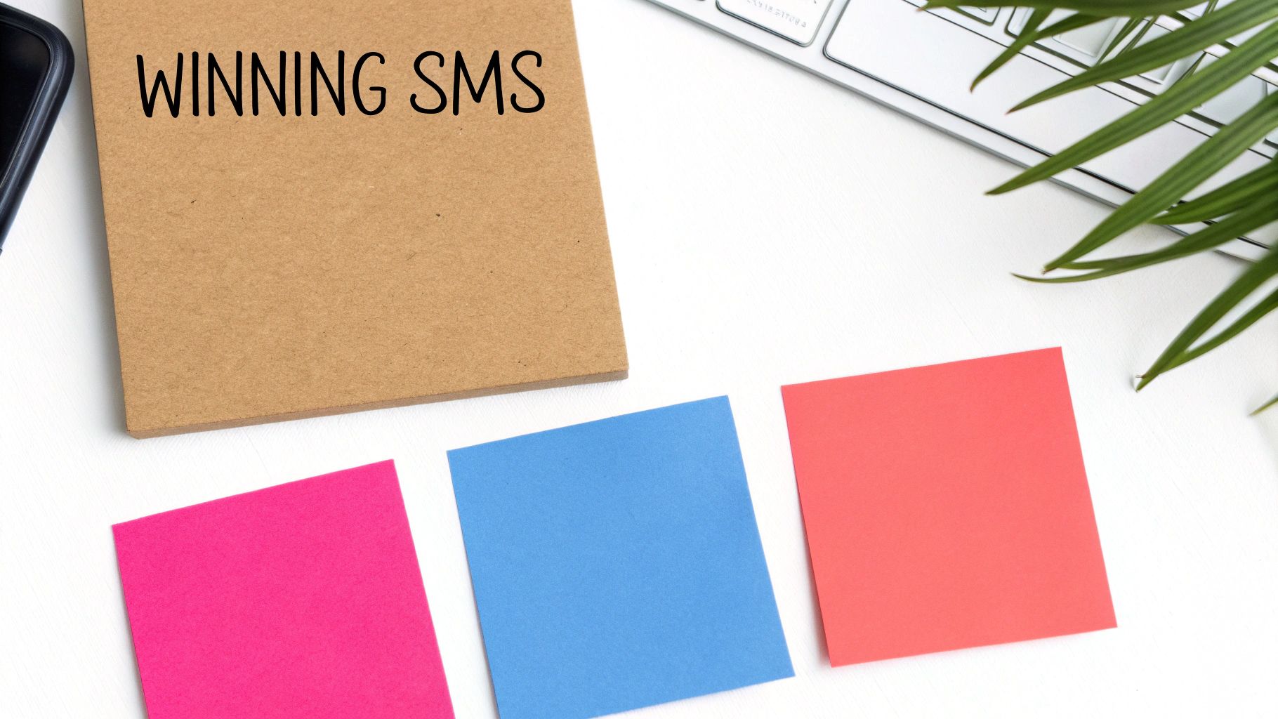 Flat lay of a desk with a notebook displaying 'WINNING SMS', sticky notes, smartphone, and keyboard.