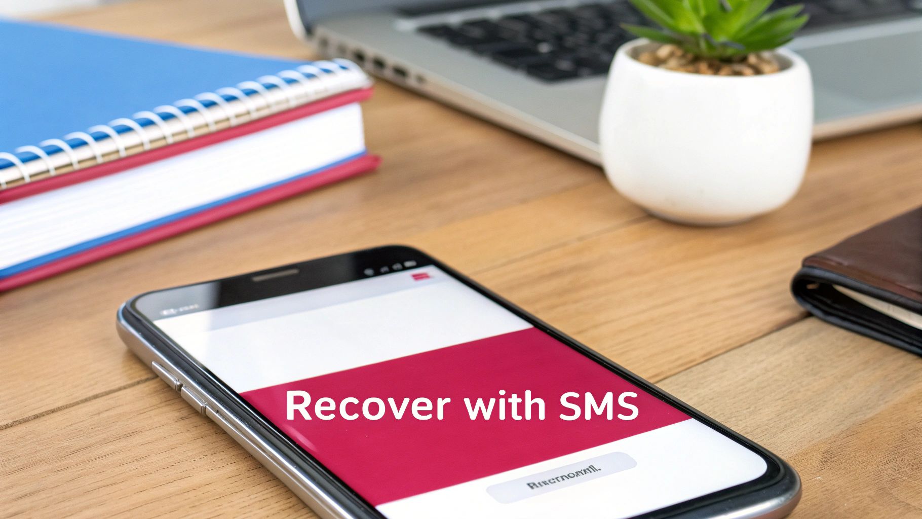 A smartphone on a wooden desk displaying 'Recover with SMS', with a laptop, notebook, and plant.