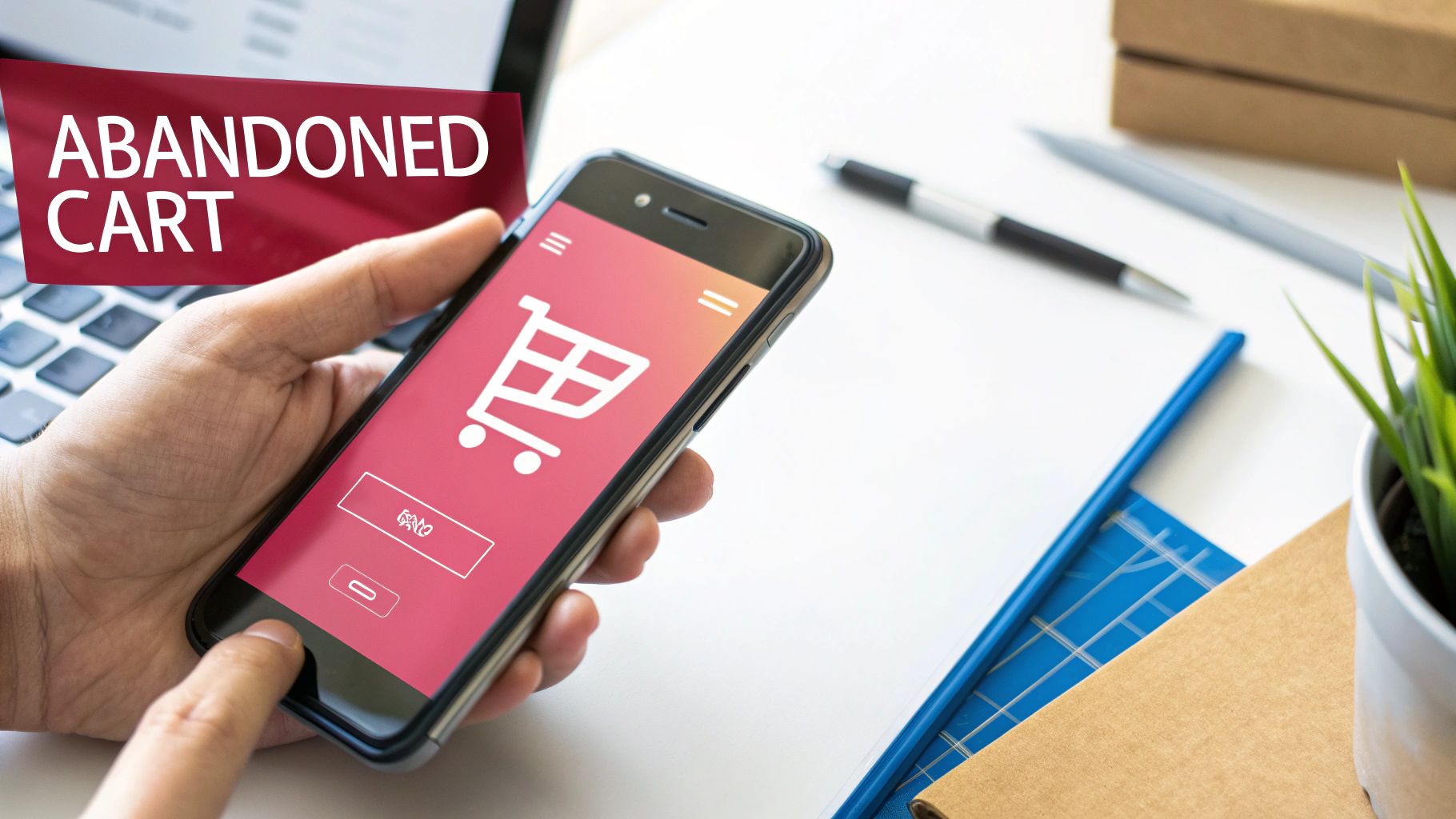 Hand holding a smartphone displaying an online shopping cart with an 'Abandoned Cart' banner.