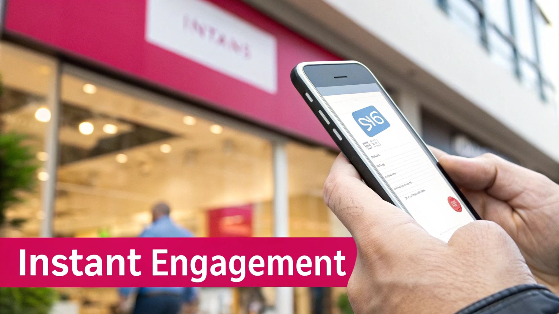 Person's hands holding a smartphone with an app open in front of a retail store.