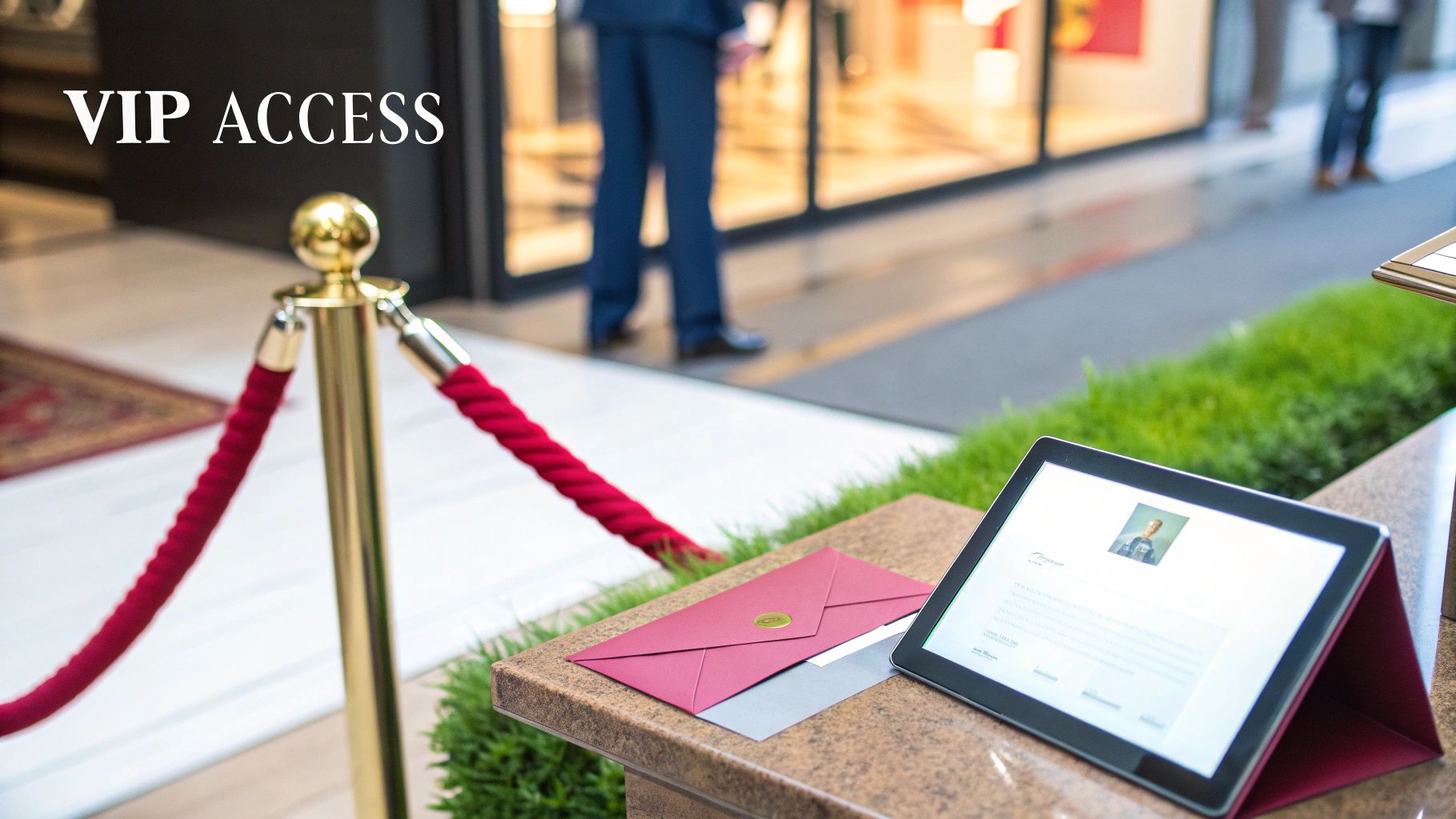 A VIP access entrance with golden stanchions, red velvet ropes, a tablet, and an invitation on a counter.