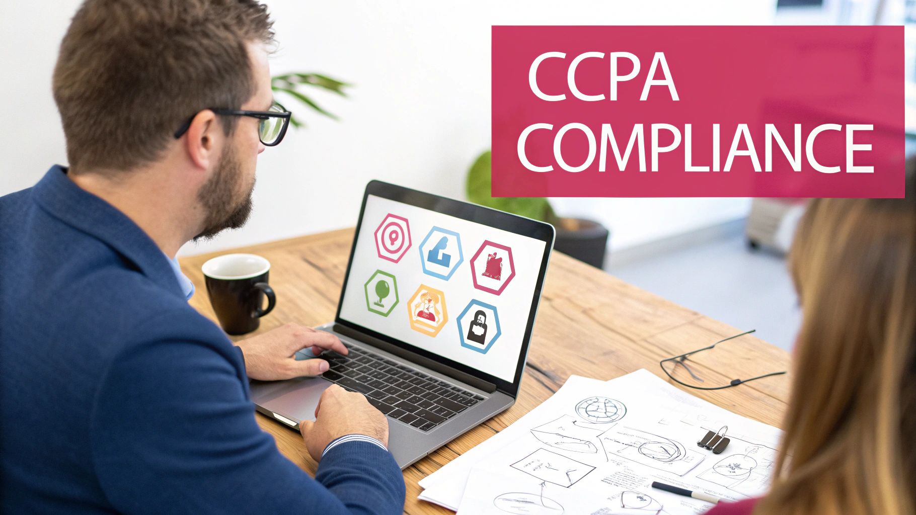 A man working on a laptop displaying data privacy icons, with "CCPA Compliance" text overlay.