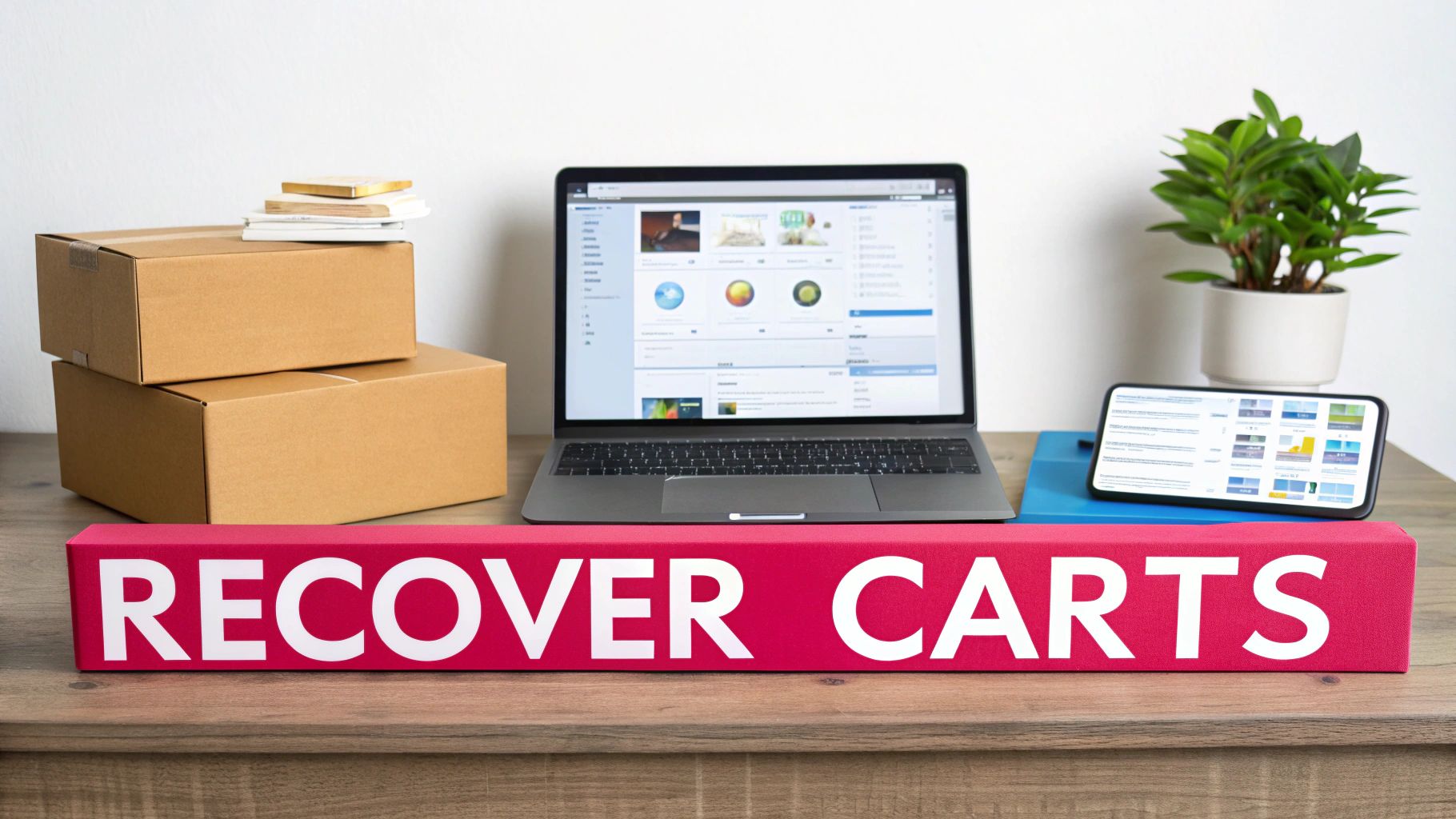 An e-commerce workspace with shipping boxes, a laptop, smartphone, and a prominent 'RECOVER CARTS' sign.