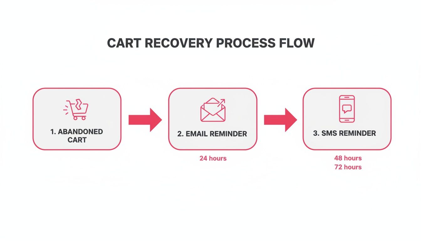 A flow chart showing a cart recovery process with abandoned cart, email, and SMS reminders.