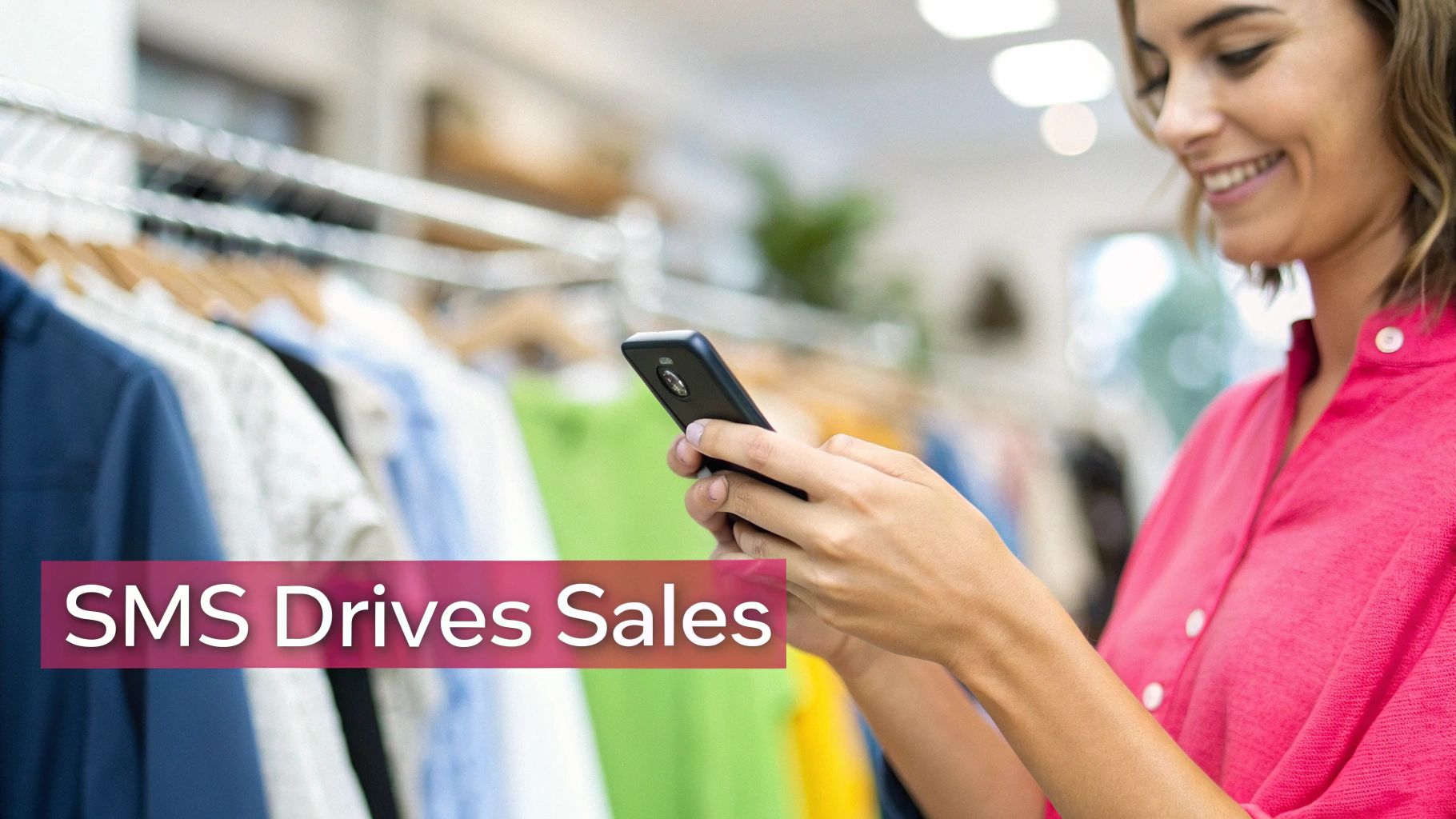 A smiling woman texts on her smartphone in a clothing store, showcasing SMS driving sales.