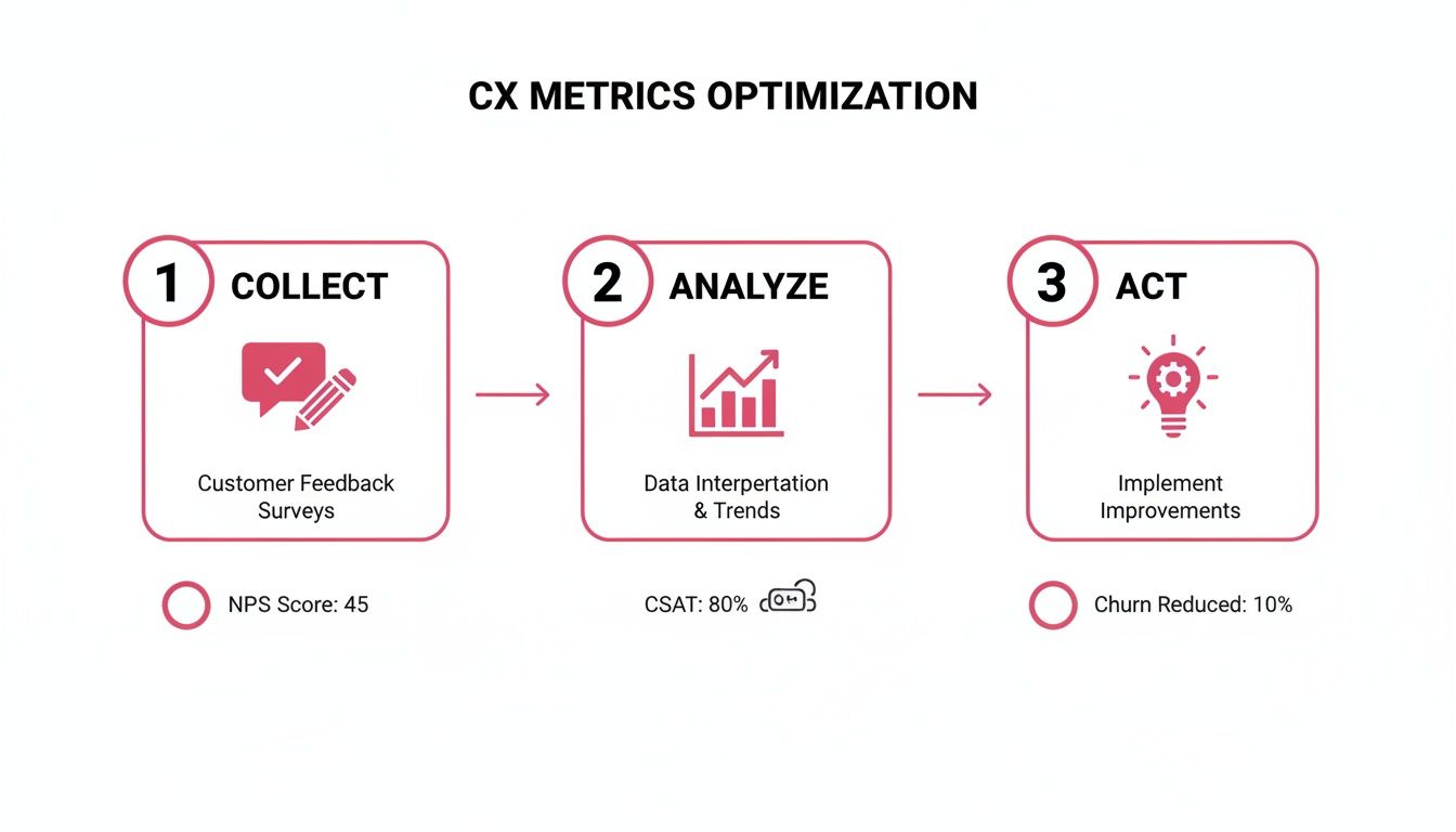 A diagram illustrating the three-step process for CX metrics optimization: Collect, Analyze, and Act.