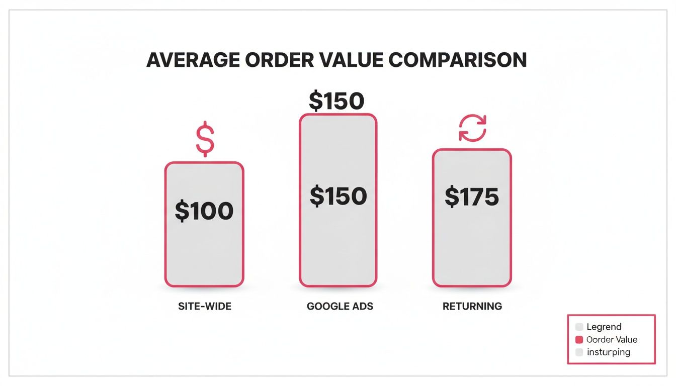 Bar chart comparing average order values: Site-wide $100, Google Ads $150, and Returning customers $175.