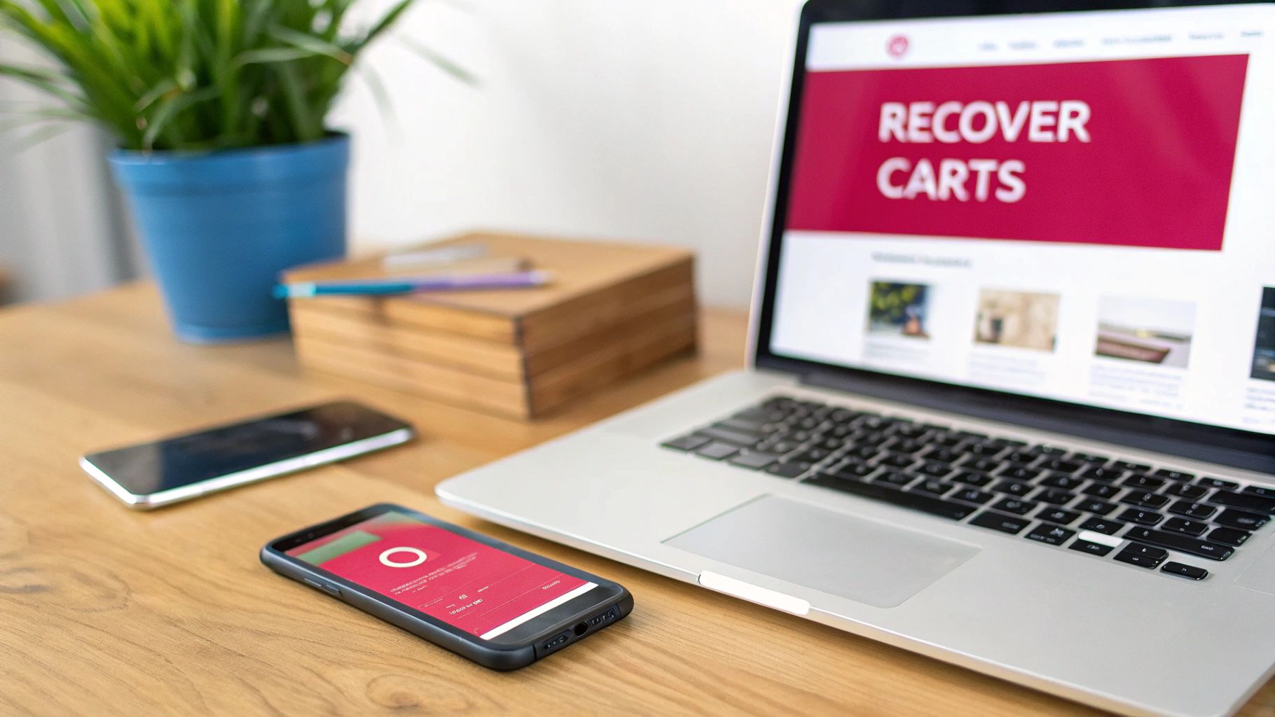 A laptop and two smartphones on a wooden desk, displaying 'RECOVER CARTS' on screen.