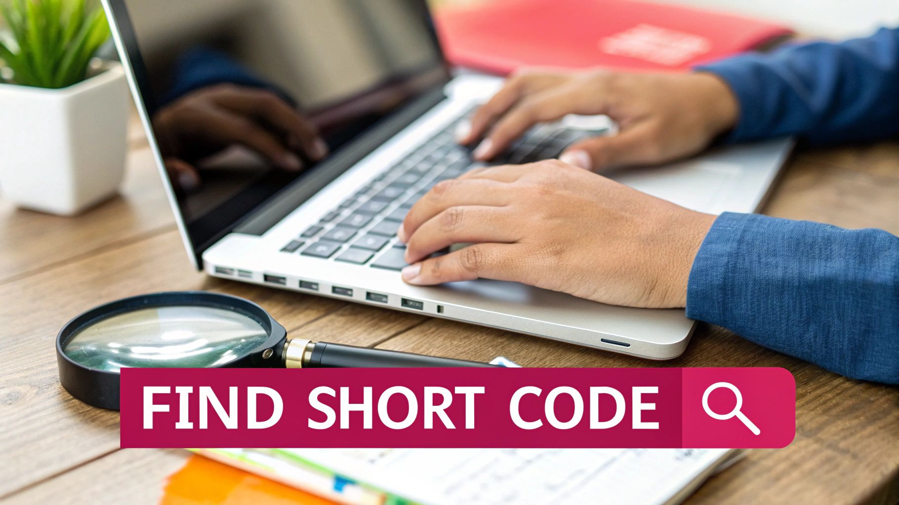 Hands typing on a laptop keyboard with a magnifying glass and a 'FIND SHORT CODE' search bar.