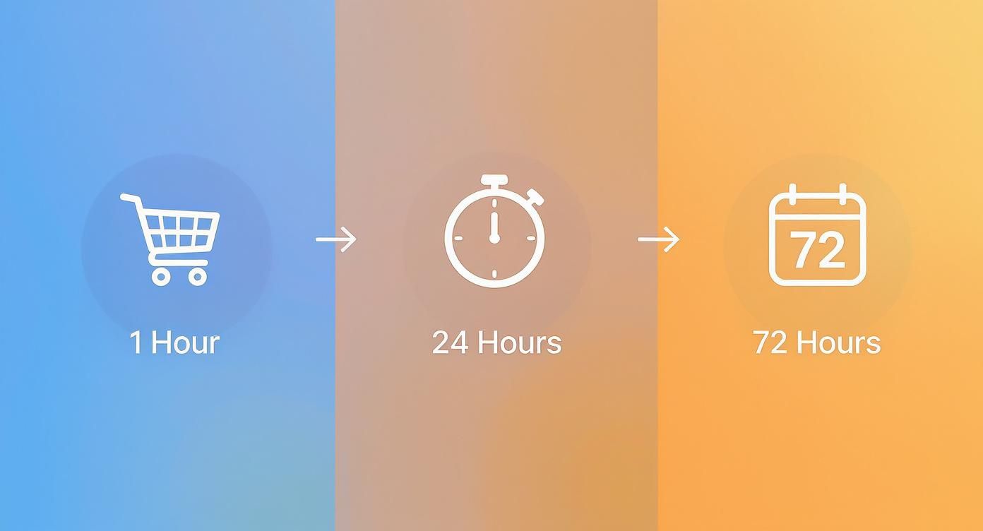 Visual timeline with icons for 1-hour shopping cart, 24-hour stopwatch, and 72-hour calendar reminders.
