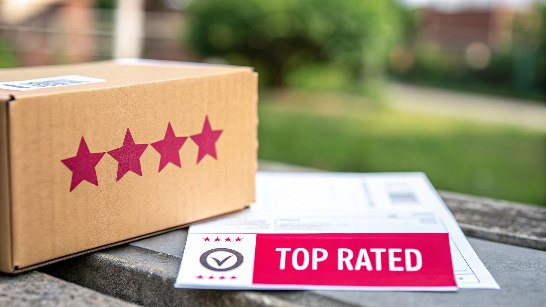 A brown shipping box with three red stars next to a white and red 'TOP RATED' card.