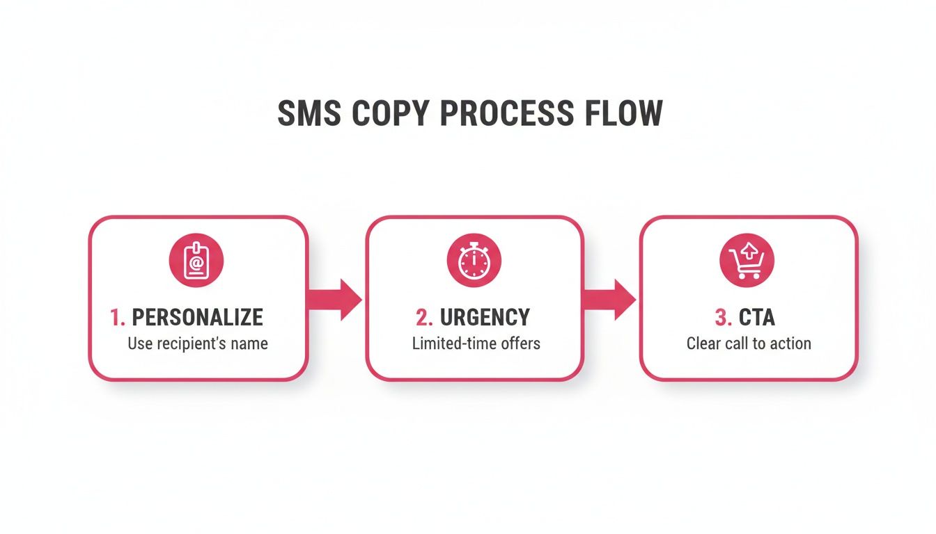 SMS copy process flow diagram illustrating personalization, urgency, and call to action.