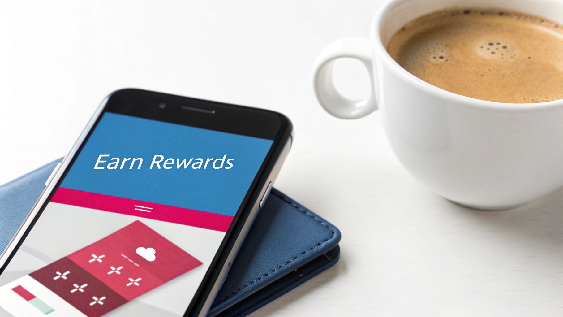 A smartphone displaying 'Earn Rewards' on a blue case, next to a white cup of coffee on a table.