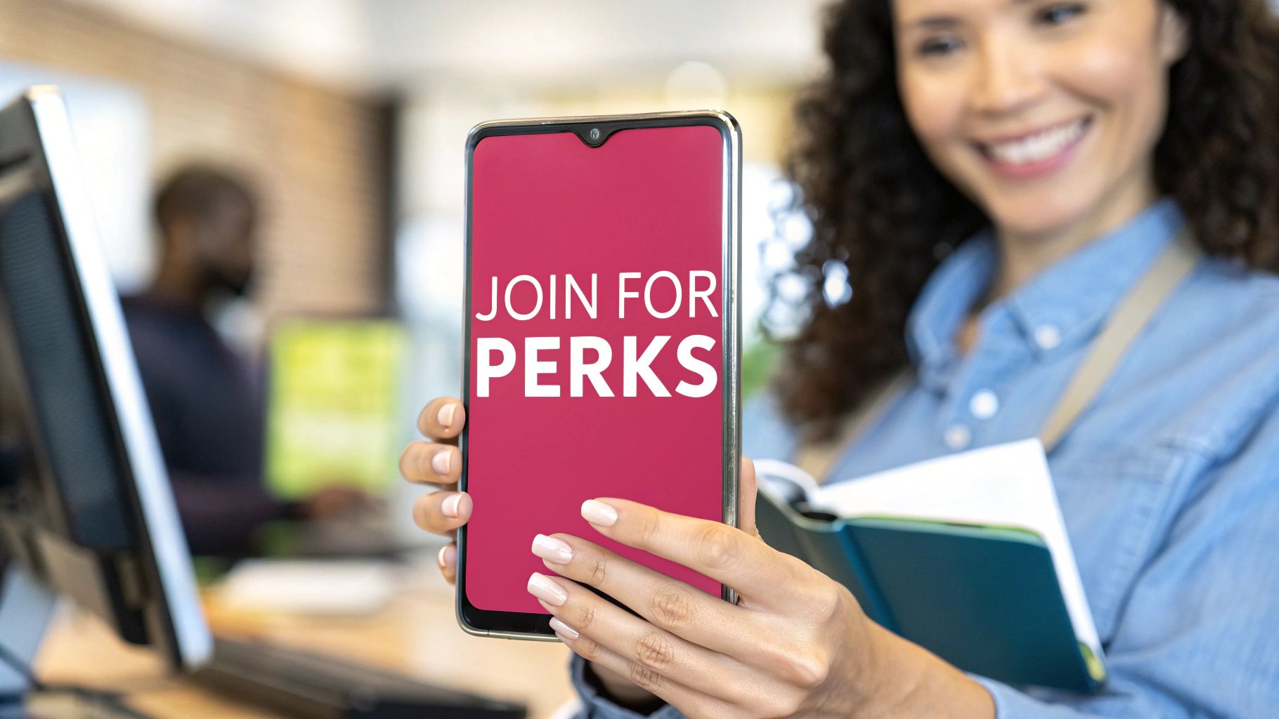 A person on their phone, interacting with a website pop-up on a laptop in the background, illustrating a digital opt-in moment.