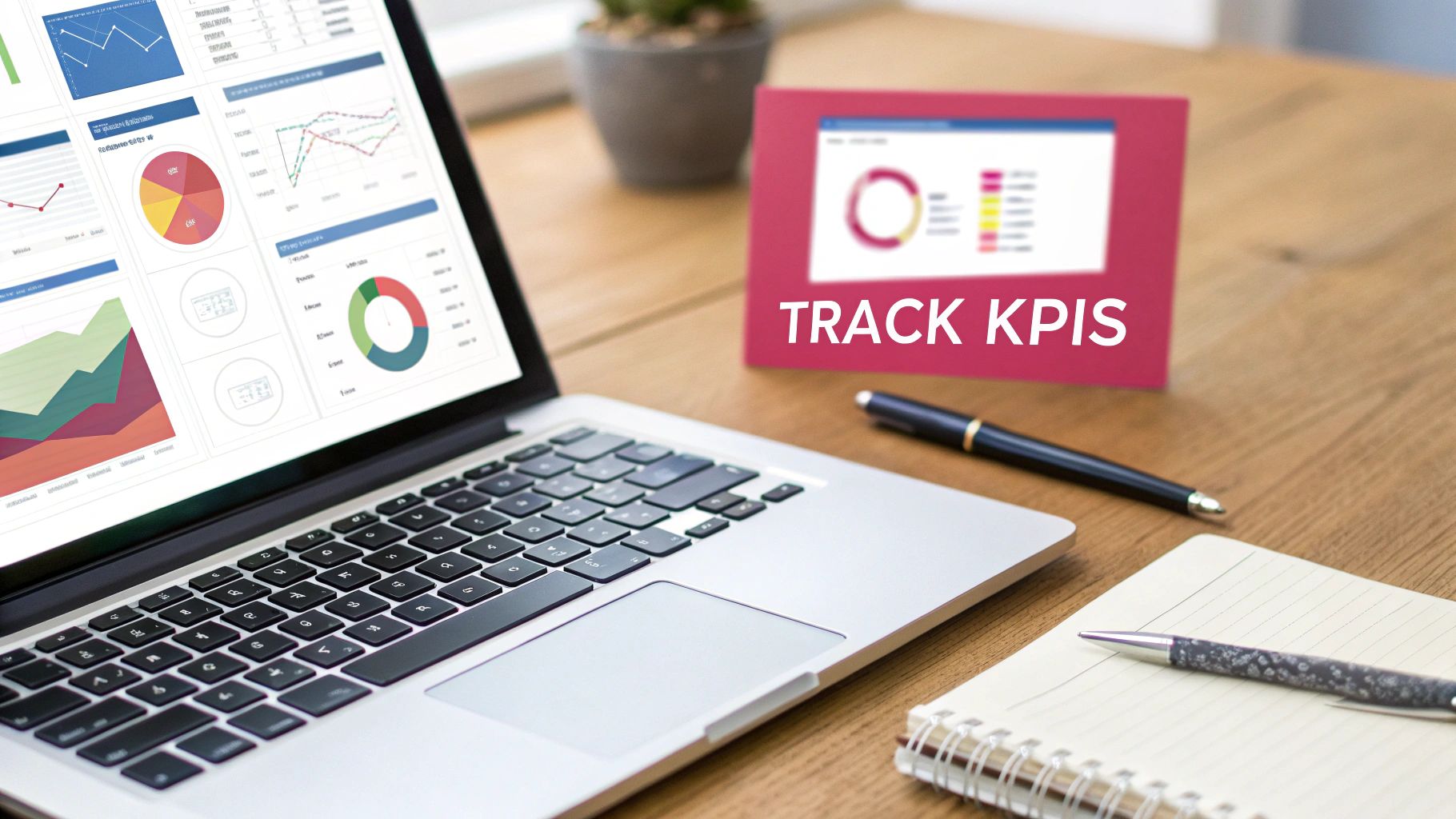 A laptop displaying a data dashboard with charts and graphs, next to a frame saying 'TRACK KPIS'.