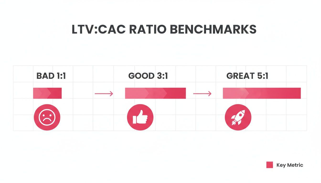 Visualizing LTV:CAC ratio benchmarks, categorizing ratios as bad (1:1), good (3:1), and great (5:1).