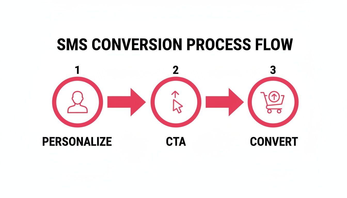 SMS conversion process flow diagram illustrating three steps: personalize, call to action, and convert.