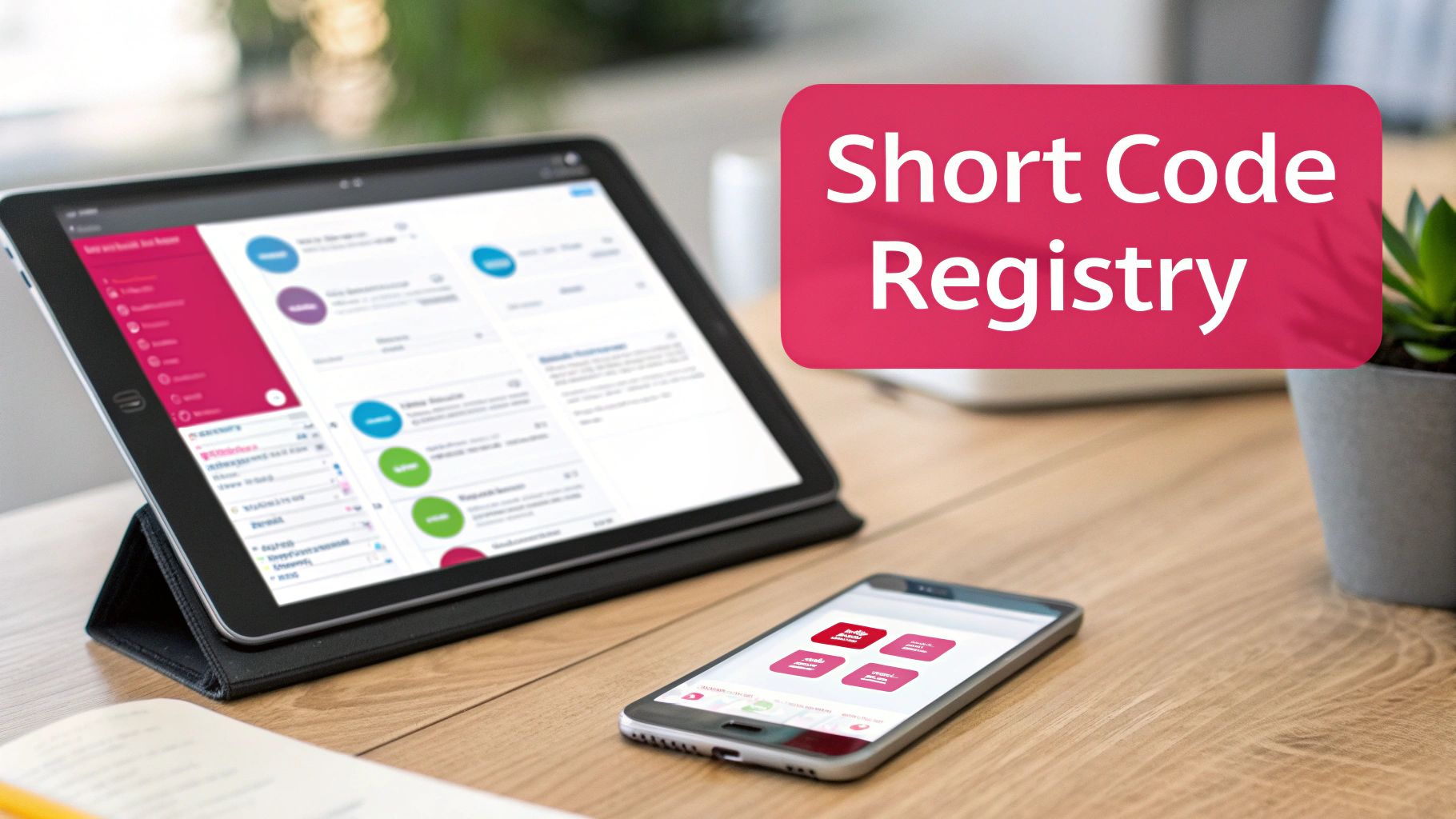 A tablet and smartphone displaying data on a wooden desk, with a 'Short Code Registry' overlay.