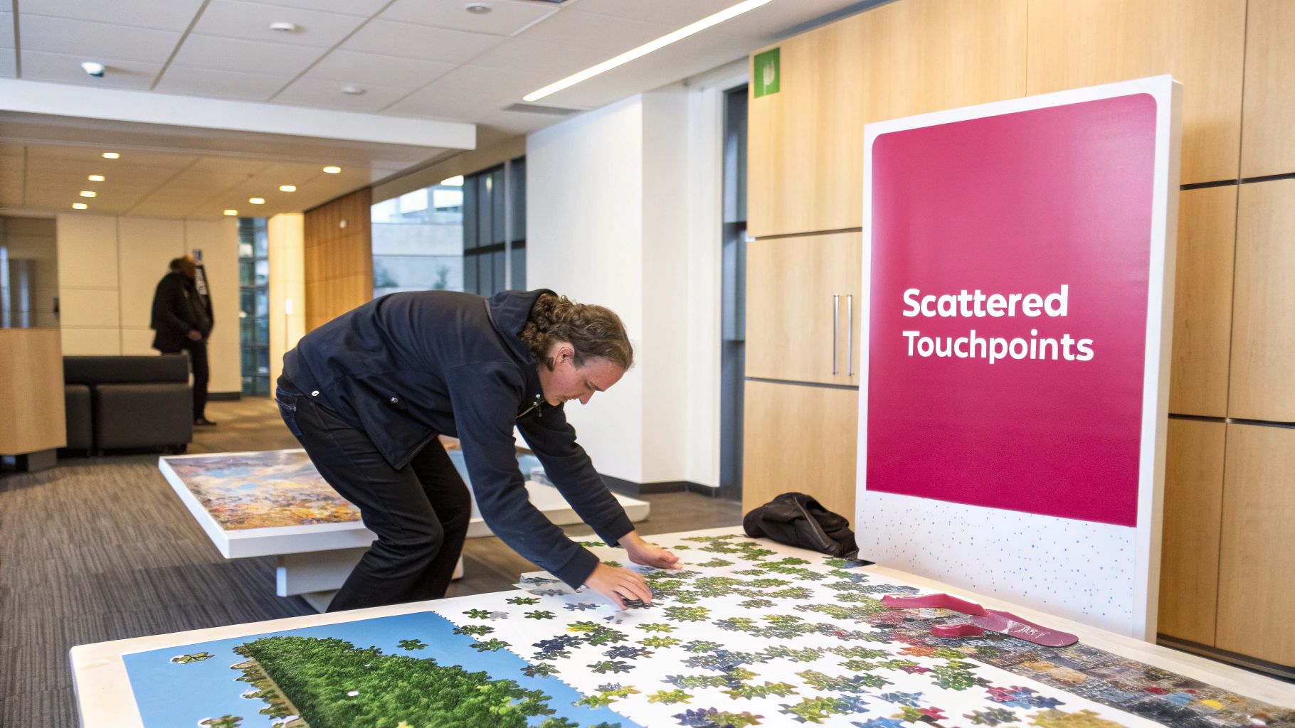 A visual representation of a complex, branching customer journey path with multiple touchpoints.