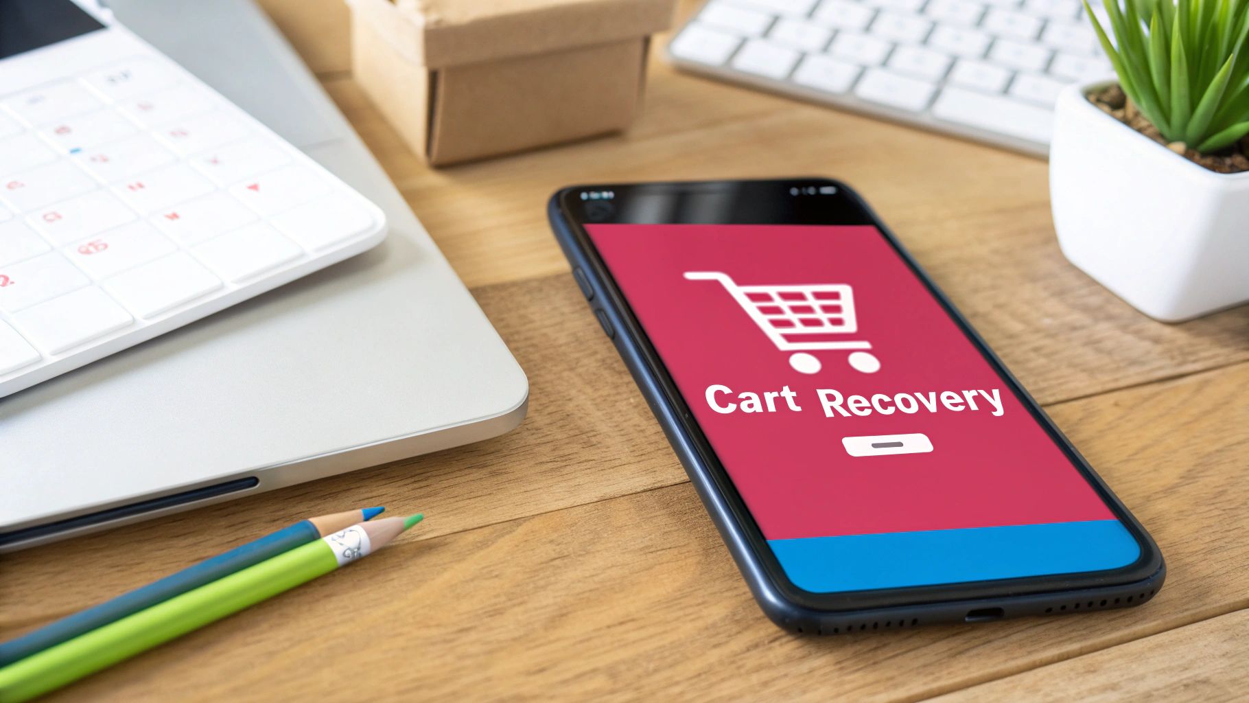 A smartphone displaying 'Cart Recovery' and a shopping cart icon on a wooden desk with a laptop.