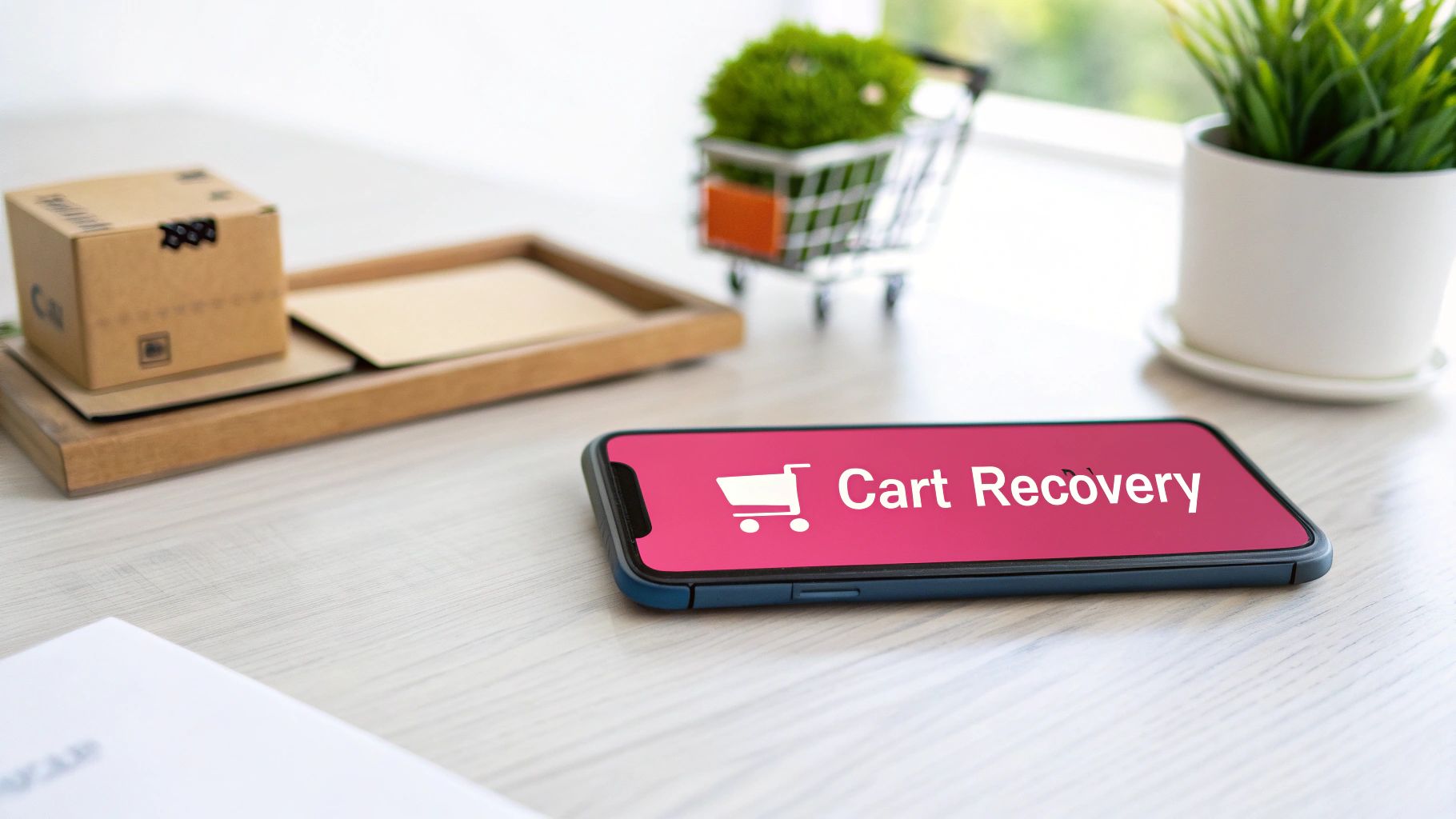 A smartphone displays 'Cart Recovery' with a shopping cart icon, alongside a miniature cart and package, symbolizing e-commerce strategies.