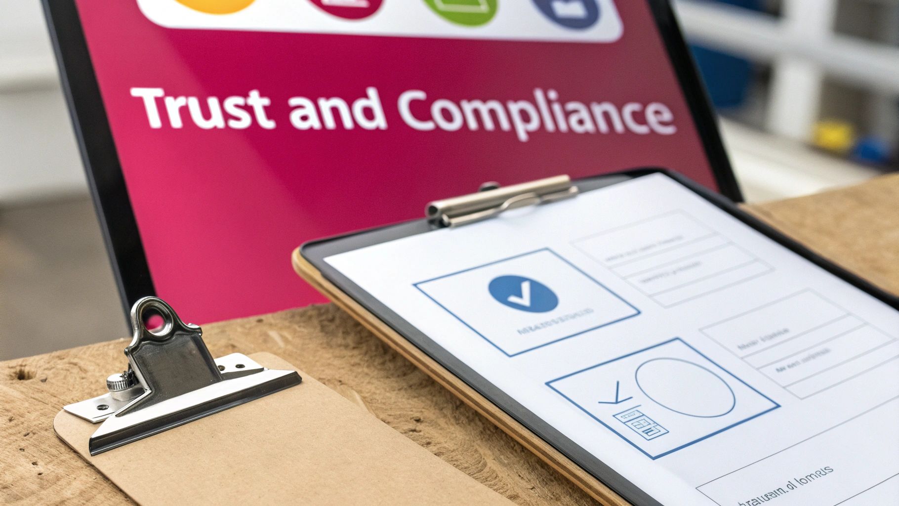 A laptop screen displays 'Trust and Compliance' with clipboards and documents featuring checkmarks on a desk.