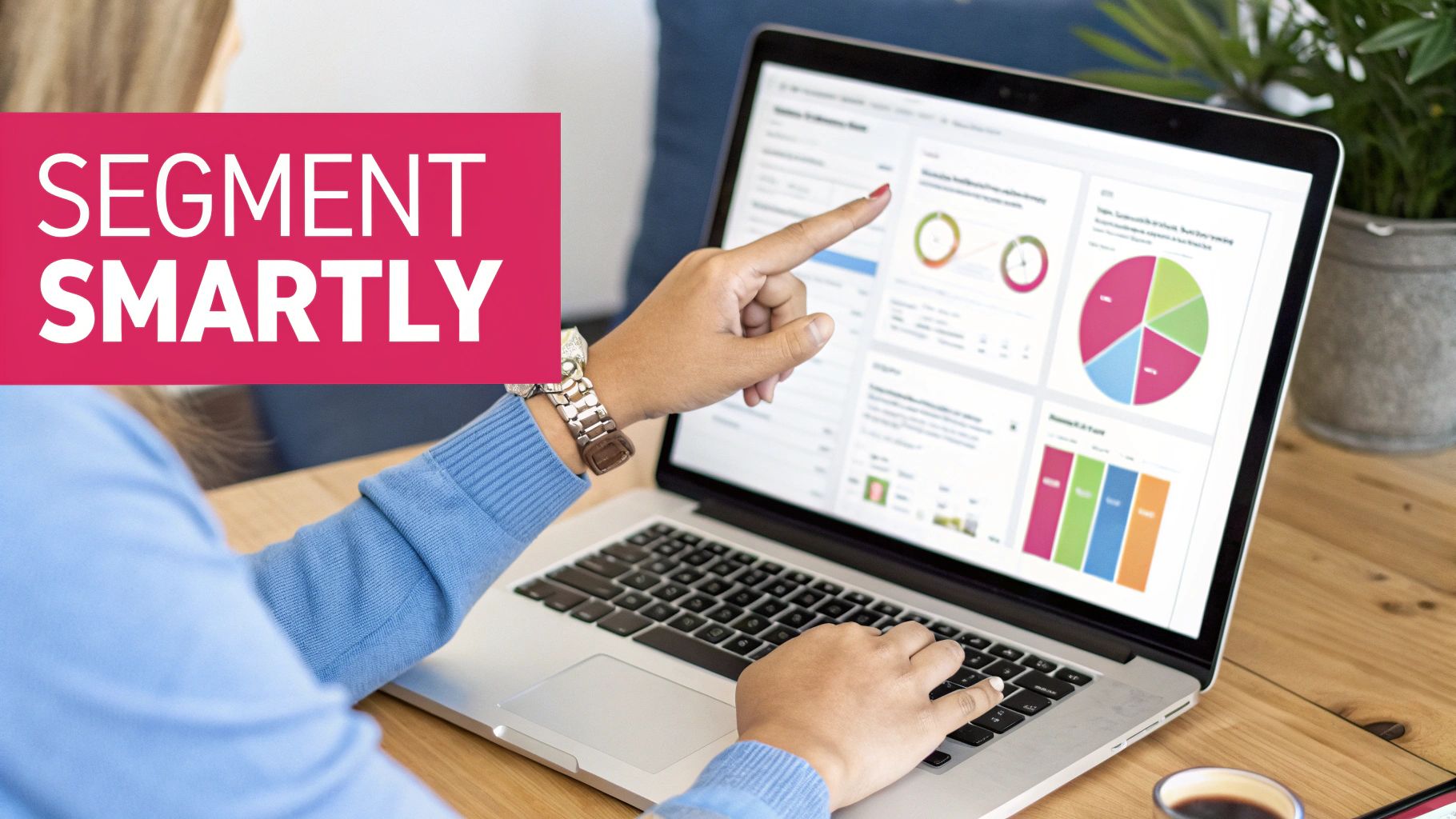 Person pointing at a laptop screen showing data dashboards and charts, with 'SEGMENT SMARTLY' text.