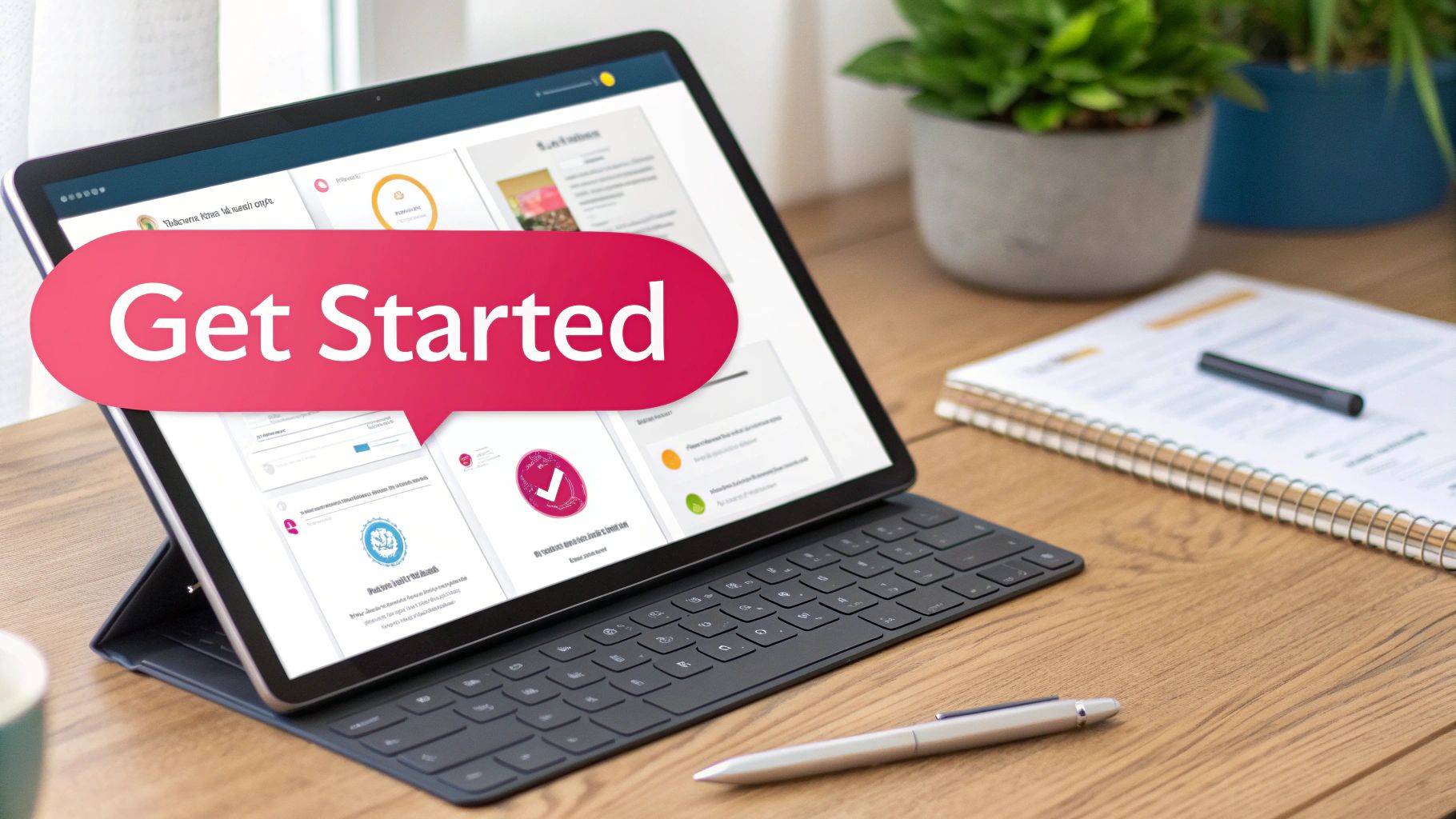 A tablet displaying a 'Get Started' button on a wooden desk with a notebook and pen.