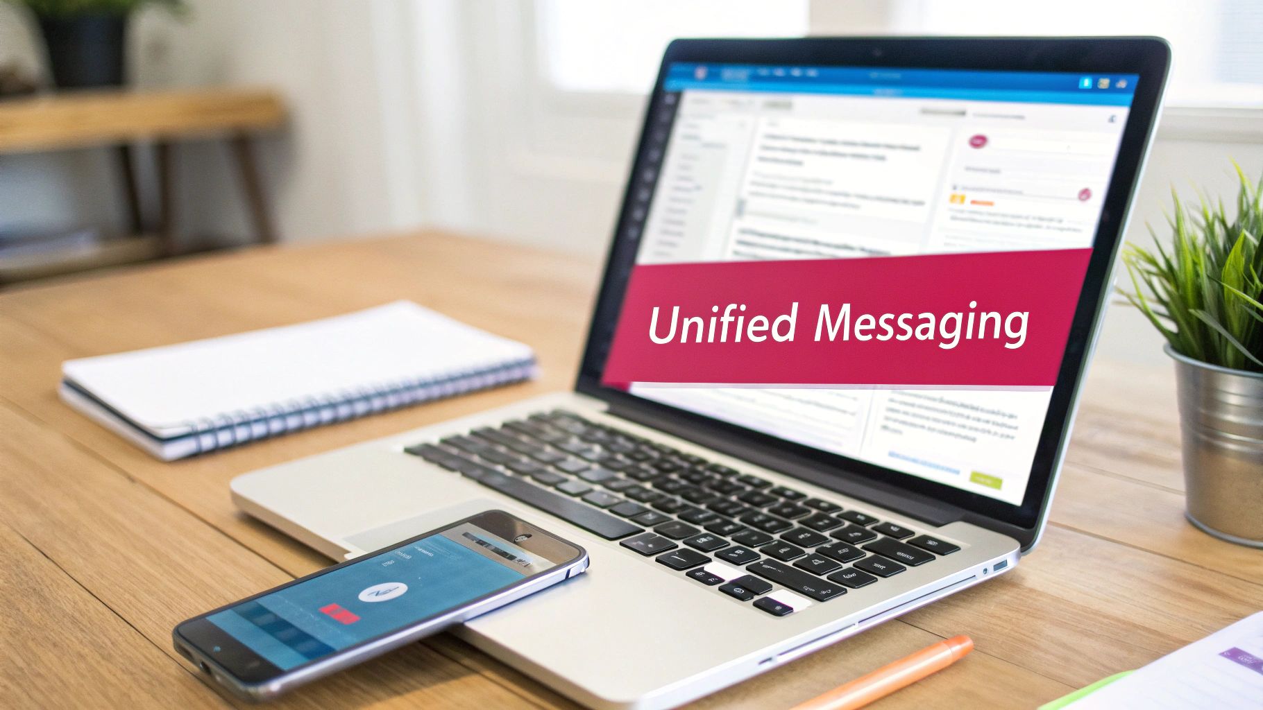 A laptop displays 'Unified Messaging' on its screen, with a smartphone and notebook on a wooden desk.