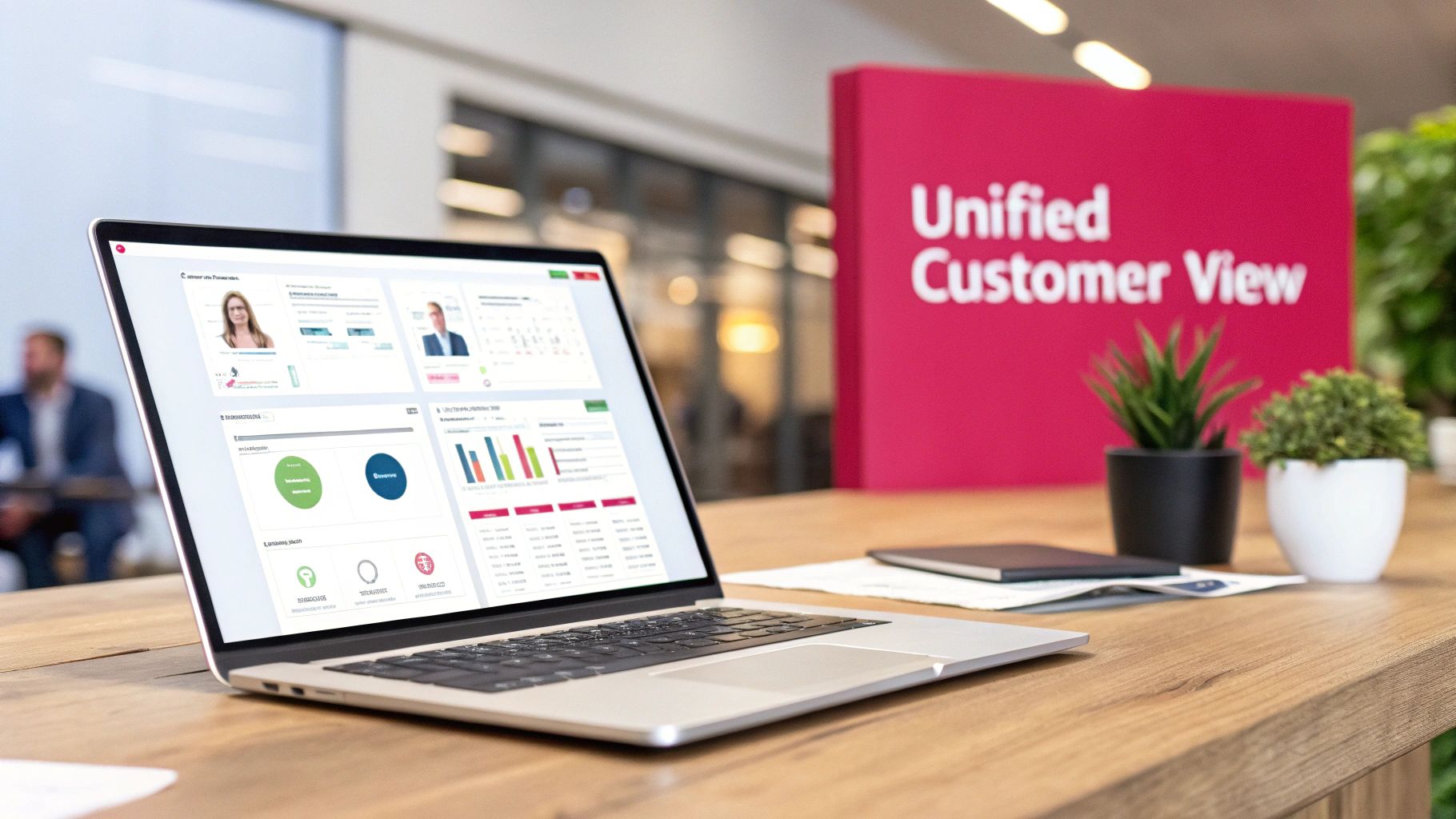 A laptop on a wooden desk displays a customer dashboard with profiles and data charts.