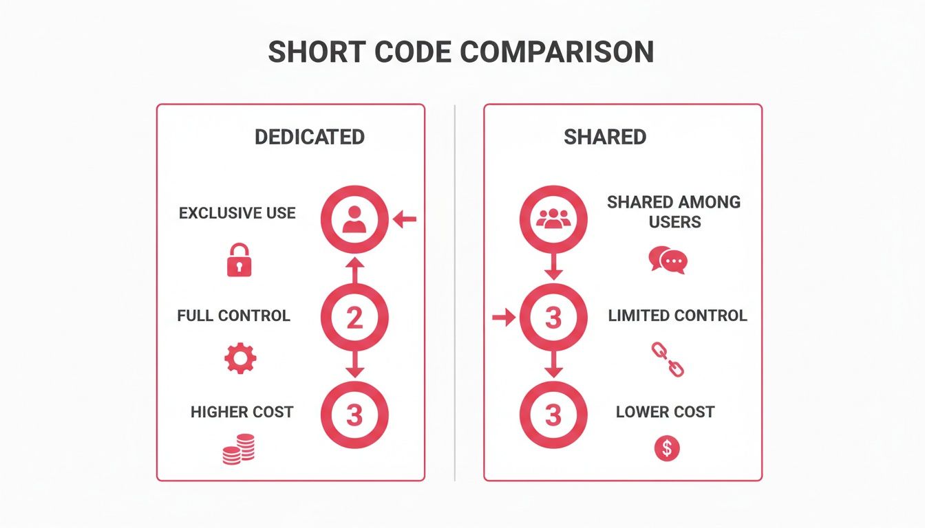 Infographic comparing dedicated vs. shared short codes, detailing exclusive use, control, and cost.