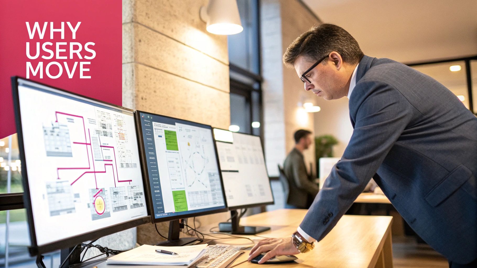 A person analyzing colorful charts and graphs on a large screen, representing behavioral analytics data.