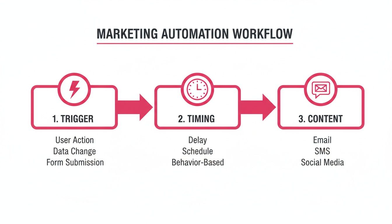 A clear visual guide explaining the three key steps of a marketing automation workflow: Trigger, Timing, Content.