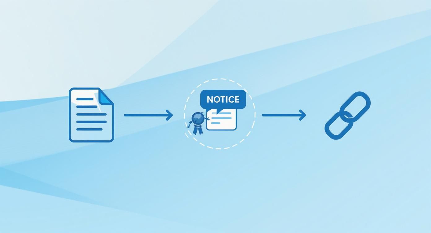 Blue diagram shows a document icon leading to a certified notice icon, then connecting to a chain link icon.