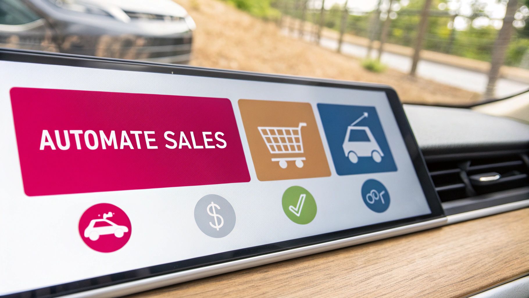 In-car digital display showing an app with 'Automate Sales' button and various business icons.