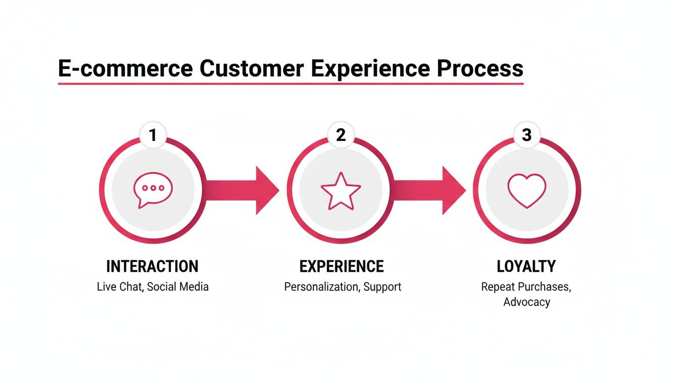 E-commerce customer experience process flow showing interaction, experience, and loyalty stages.