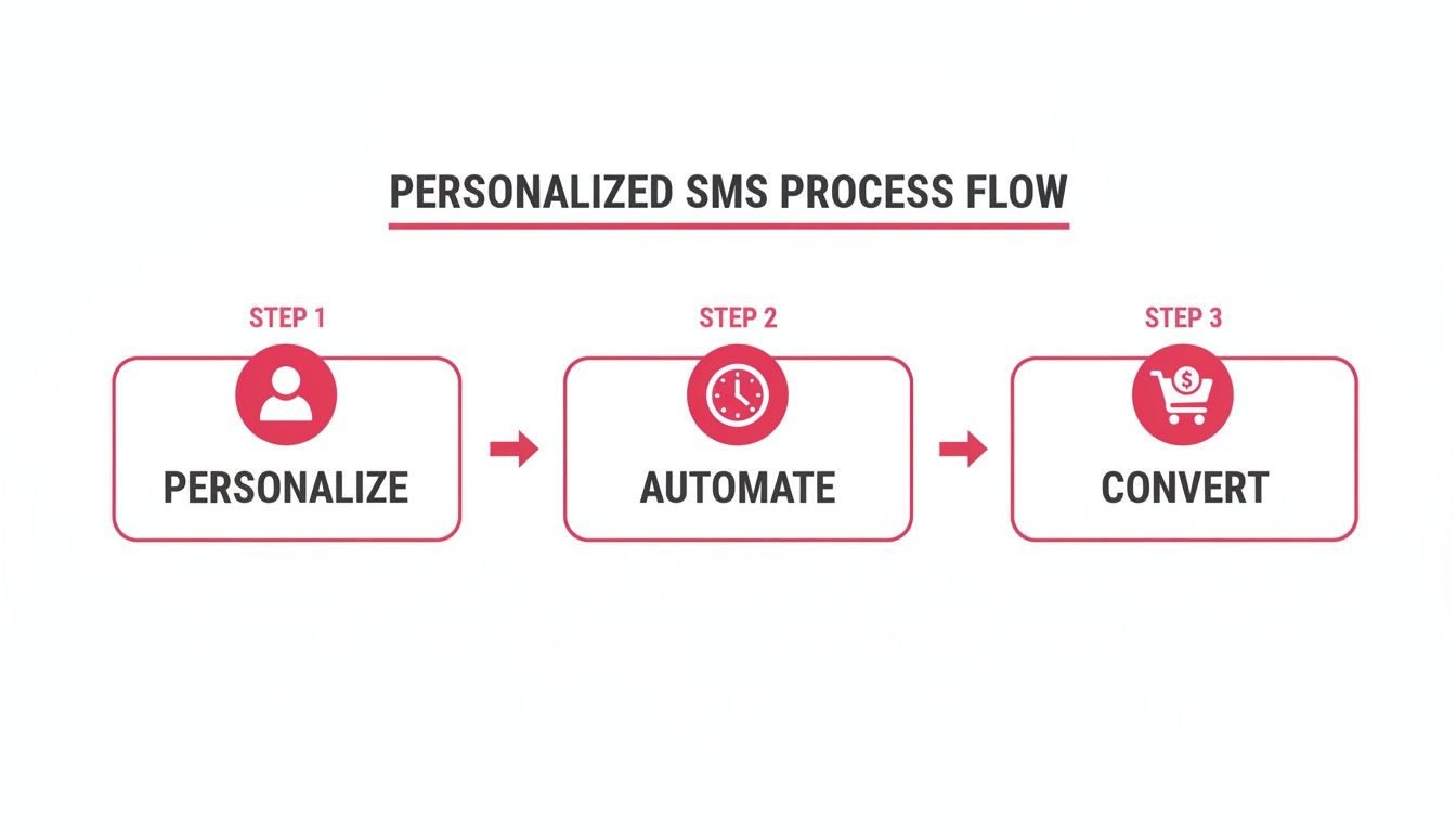A personalized SMS process flow illustrating three key steps: Personalize, Automate, and Convert.
