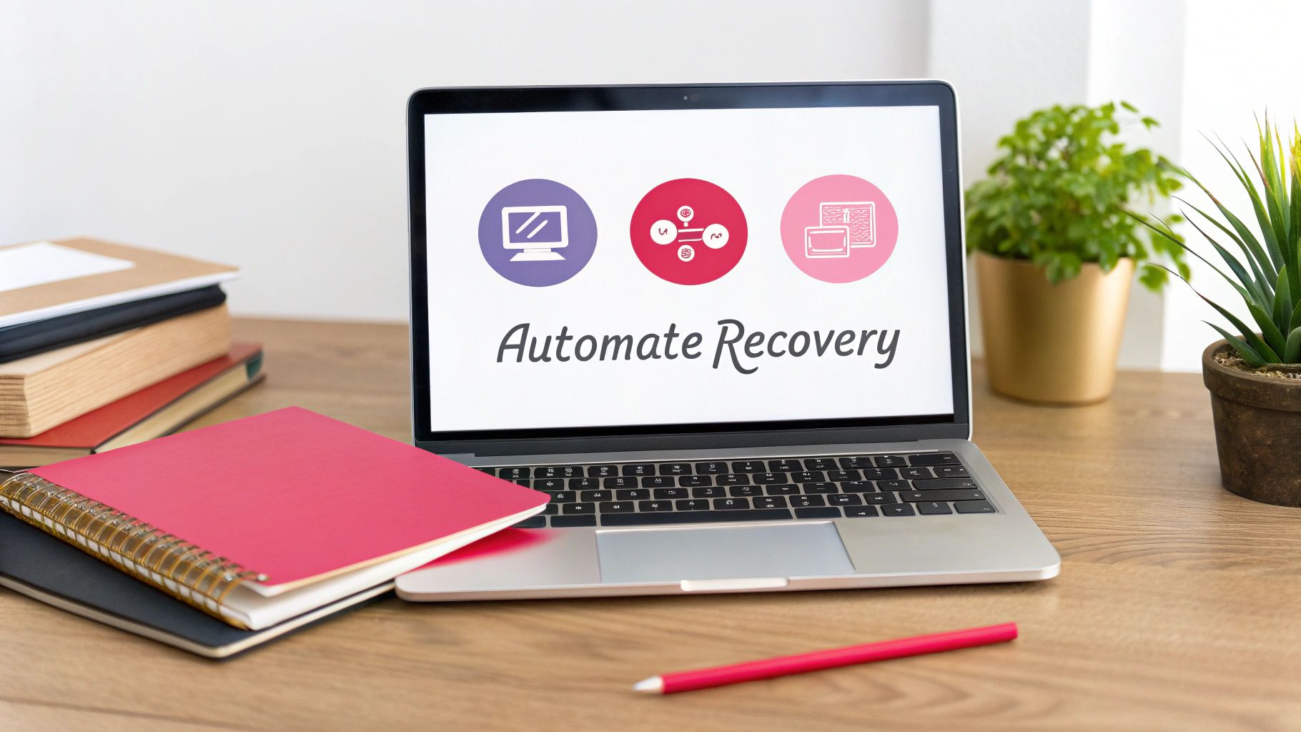 A laptop on a wooden desk displays 'Automate Recovery' with icons, next to books and potted plants.