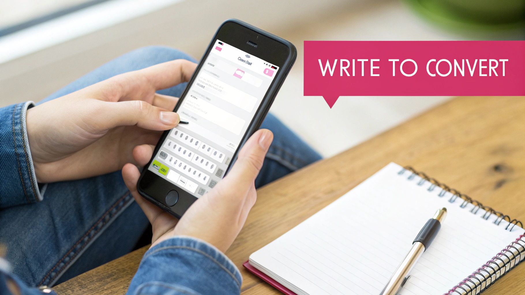 A person typing on their phone, illustrating how to craft a conversational text message.