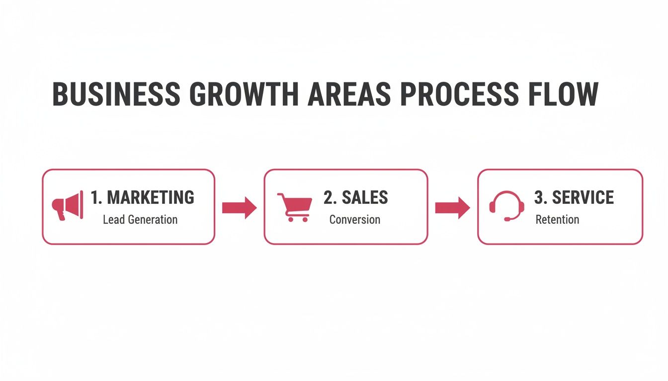Flowchart outlining business growth areas: Marketing for lead generation, Sales for conversion, and Service for retention.