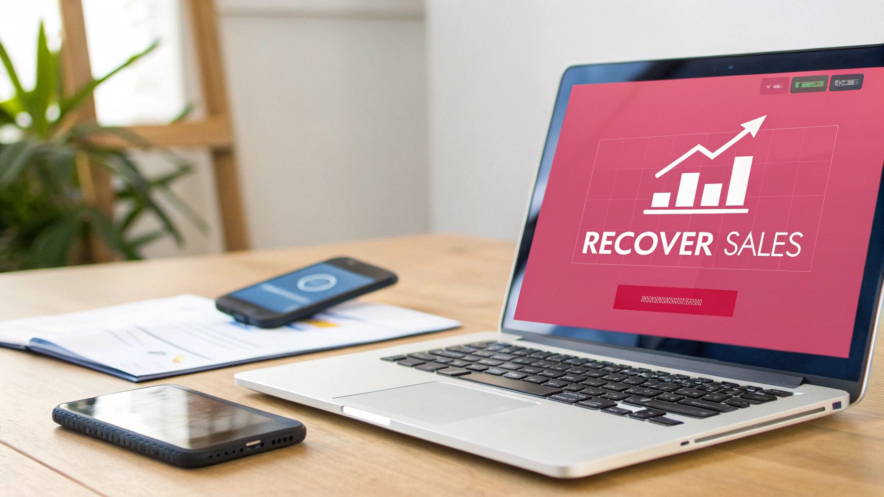 A laptop displaying 'RECOVER SALES' with a rising bar graph on a wooden desk, surrounded by smartphones and documents.