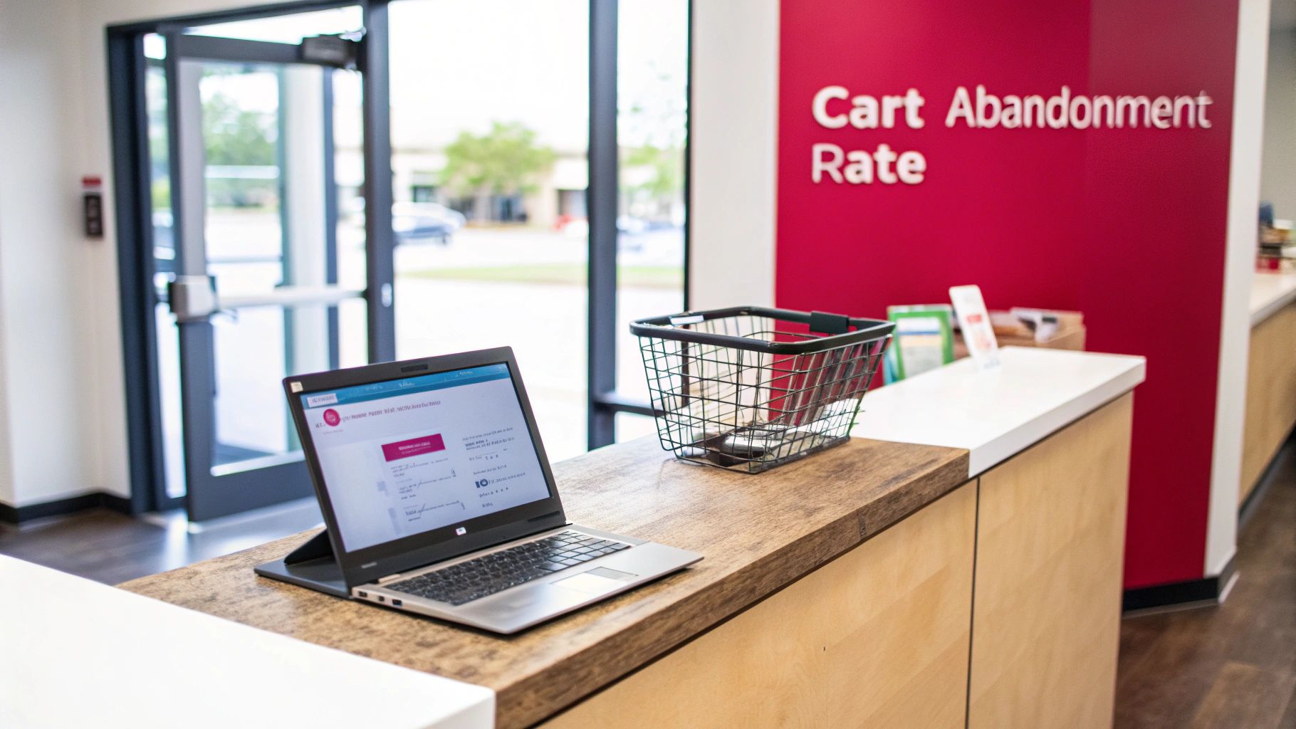 A woman looking thoughtfully at a laptop screen with a shopping cart icon, symbolizing the decision-making process before a purchase.