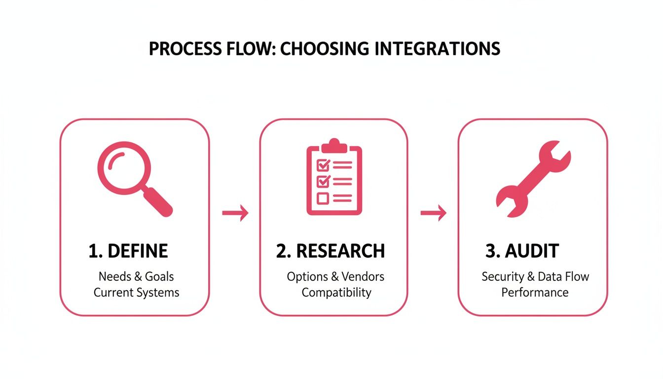A three-step process flow diagram for choosing integrations, covering Define, Research, and Audit.