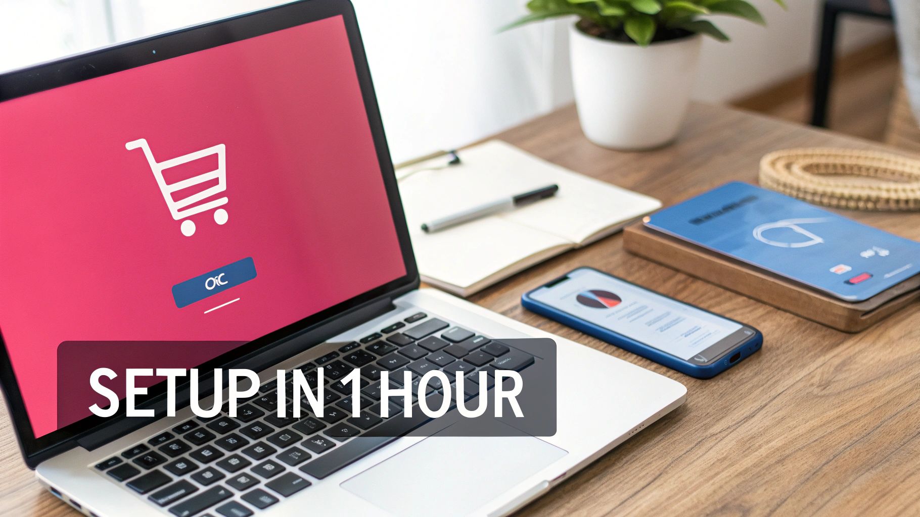 Laptop displaying a shopping cart icon, with a smartphone and notepad on a desk, promoting fast online setup.