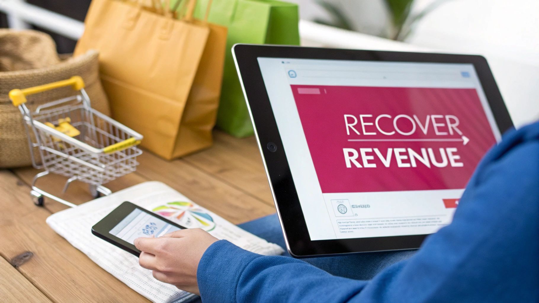 A person uses a tablet displaying "RECOVER REVENUE" and a smartphone, surrounded by shopping items.