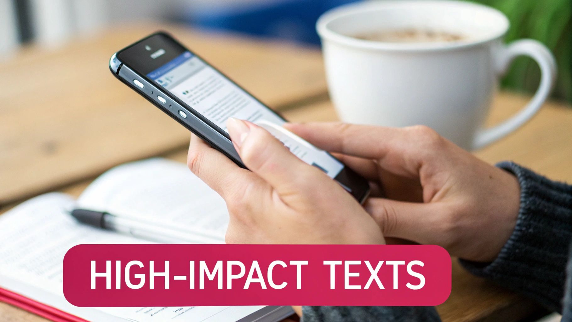 A person holds a black smartphone, typing or scrolling, with a notebook and coffee nearby.