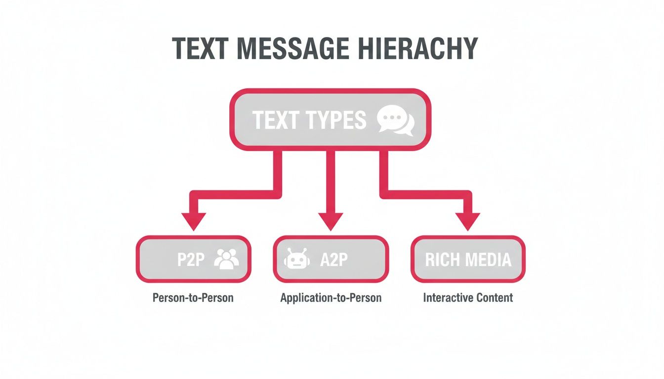 A flowchart illustrating the hierarchy of text message types: Person-to-Person, Application-to-Person, and Rich Media.