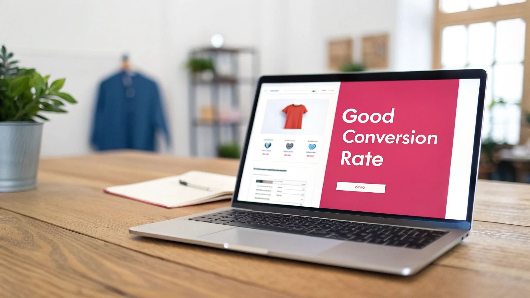 A laptop on a wooden desk displays an e-commerce website with a red t-shirt and 'Good Conversion Rate' text.