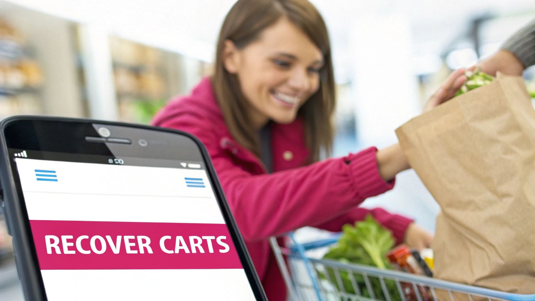 A woman smiles while putting groceries into a shopping cart, with a smartphone in the foreground displaying 'RECOVER CARTS'.