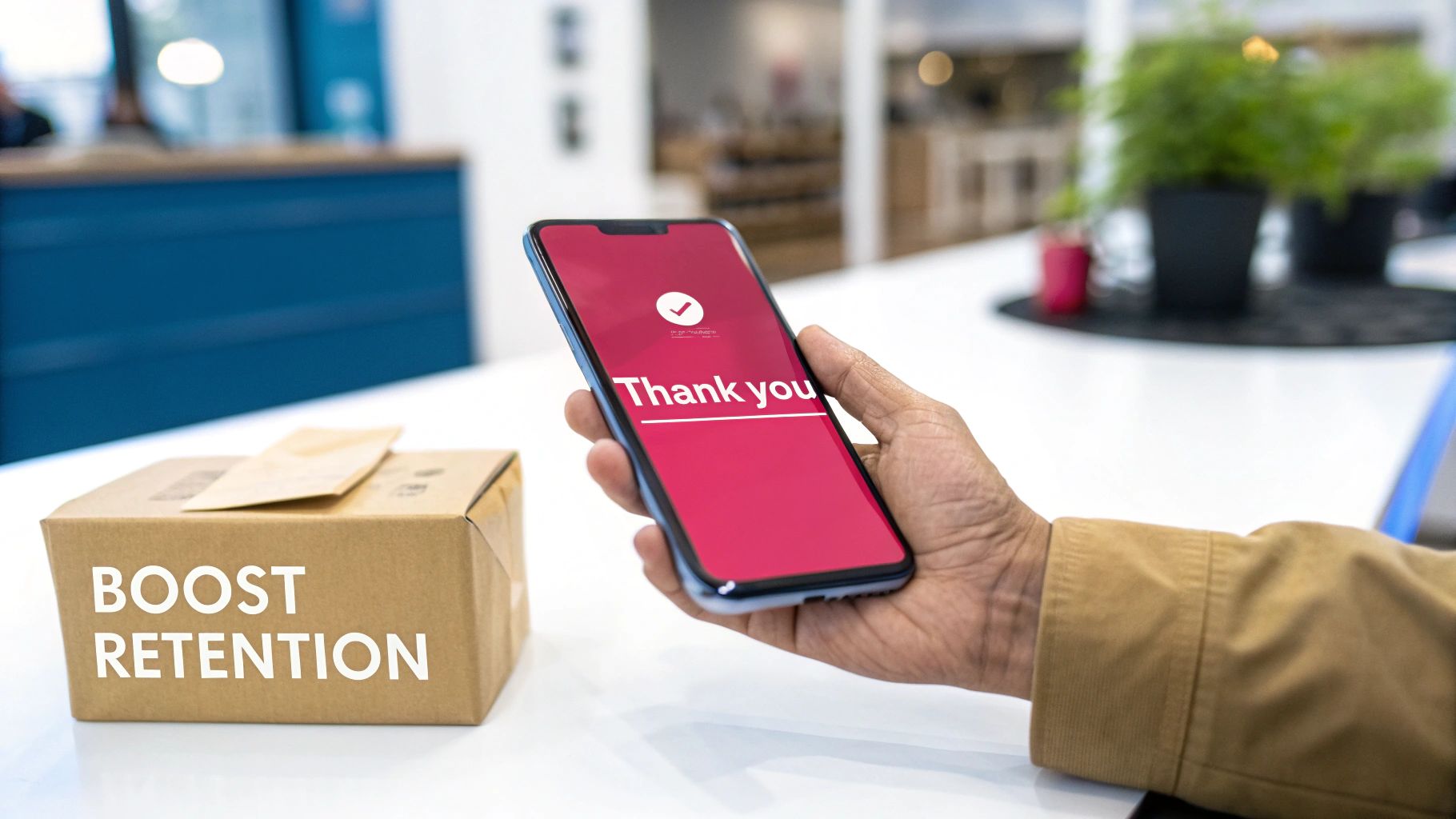 A hand holds a smartphone displaying a 'Thank you' message and checkmark next to a box saying 'BOOST RETENTION'.